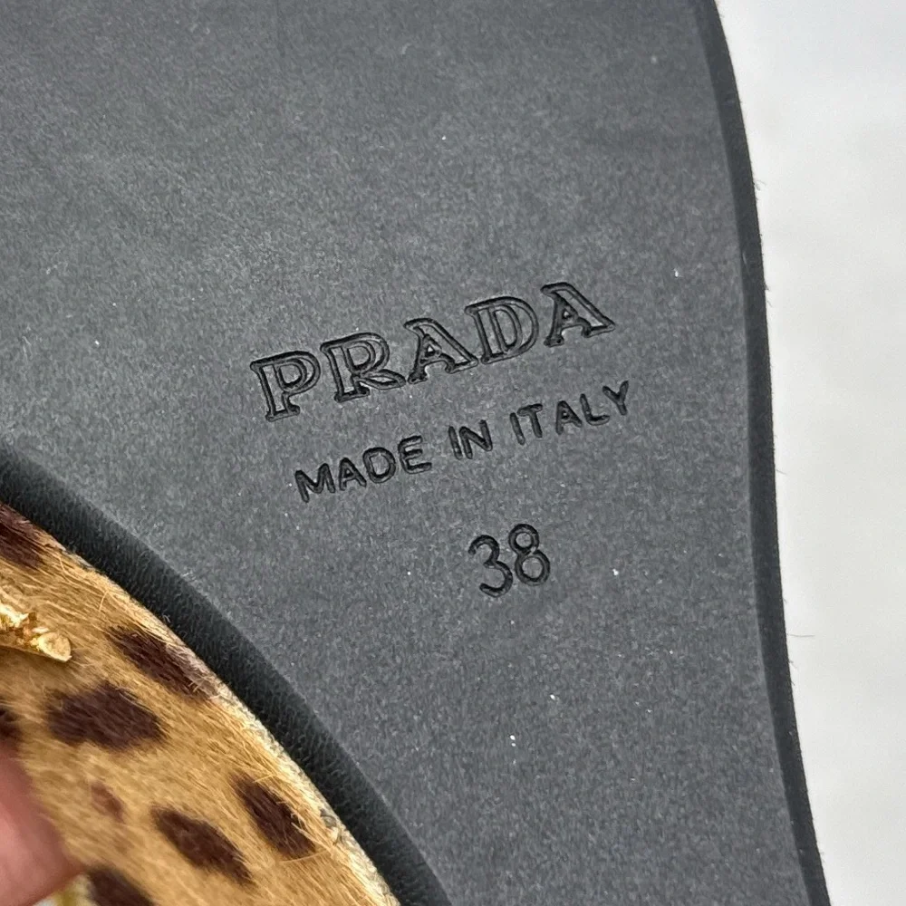 PRADA Vintage Y2K Velvet Leopard Calf Hair Leather Platform Wedge Sandal Heel 38